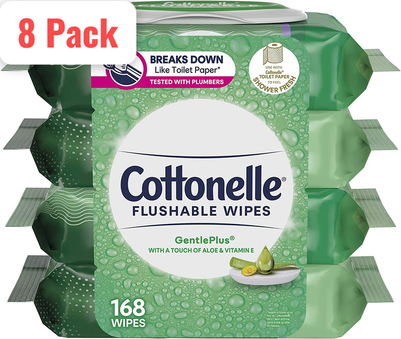 Cottonelle GentlePlus Flushable Wet Wipes with Aloe & Vitamin E - 8 Flip-Top Packs, 168 Total Flushable Wipes