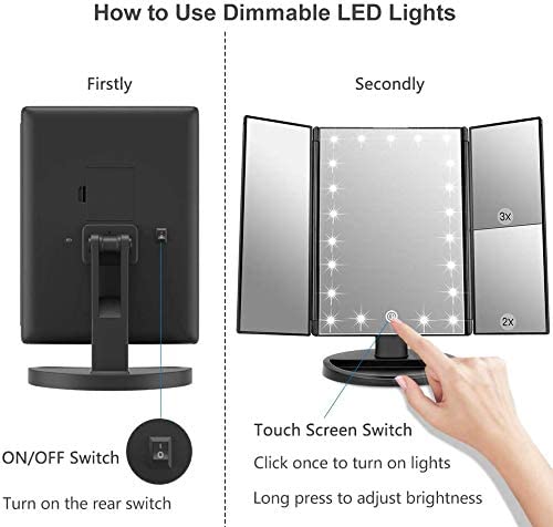 WEILY Vanity Makeup Mirror,1x/2x/3x Tri-Fold Makeup Mirror with 21 LED Lights and Adjustable Touch Screen