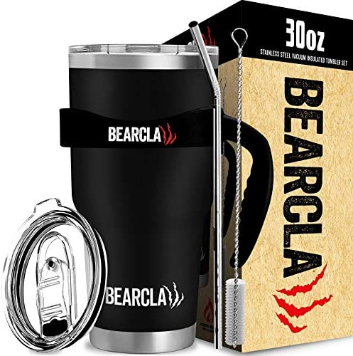 MalloMe BEARCLAW Insulated Tumbler With Handle & Straw - Stainless Steel Tumblers Coffee Travel Mug - Reusable Insulated Cup for Water with Brush, 2 Lids & Straws - Splash-Proof 30 Oz Black