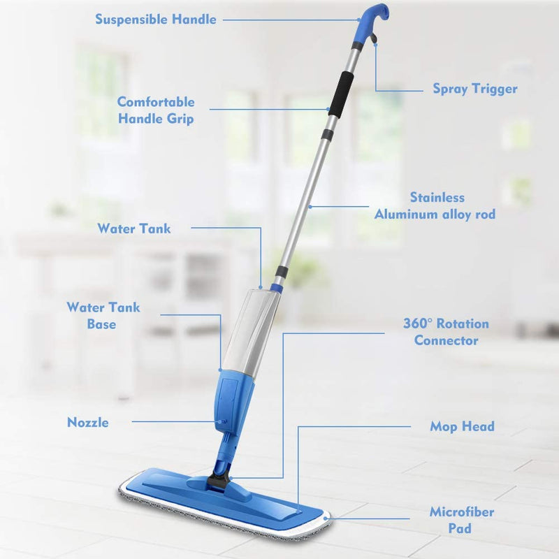 Bellababy Upgraded Spray Mop for Floor Window Cleaning, with 4 Microfiber Pads and 1 Glass Wiper, 360 Degree Spin Mop 450ML Bottle, Wet and Dry Dual Use