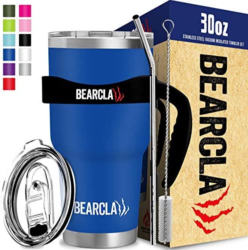 MalloMe Bearclaw Splashproof Tumbler, Metal Straw, 2 Lids, Handle, Brush, Dishwasher Safe - Stainless Steel Vacuum Insulated Cup Set, Royal Blue 30 oz