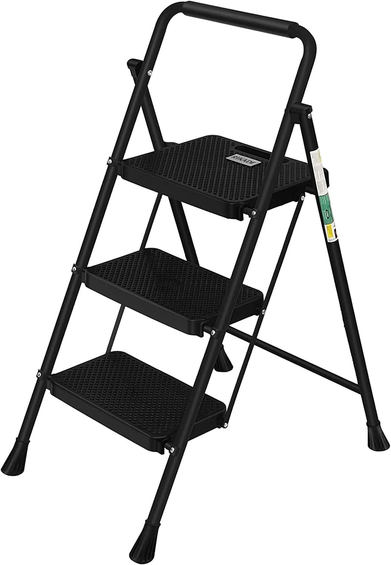 RIKADE Folding Step Stool, Step Stool with Wide Anti-Slip Pedal 3 Step Ladder