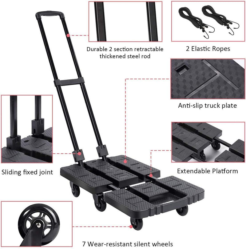 Large Folding Hand Truck 245KG/540LBS Capacity,Noiseless Wear-Resistant 6-360° Rotating Wheel Folding Trolley Luggage Cart Platform Cart for Luggage, Travel, Shopping, Auto, Moving and Office Use