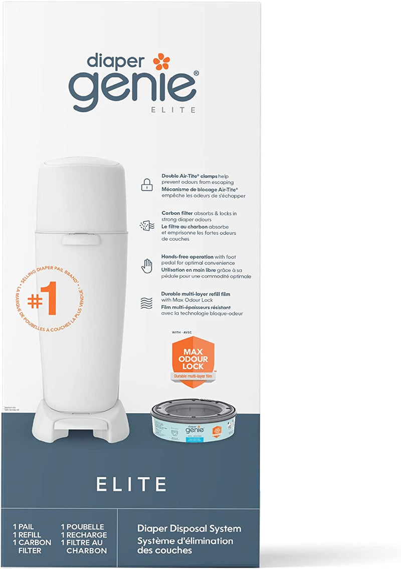 Diaper Genie Elite Diaper Pail System with Front Tilt Pail for Easy Diaper Disposal, White