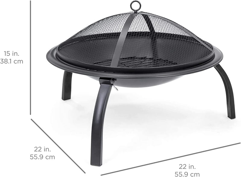 Cuisiland Wood Burning Dia 22" Folding Fire Pit with Spark Screen, Poker, Cooking Grid for Patio, Backyard, Camping