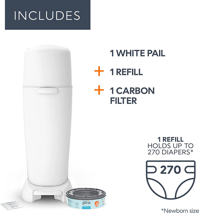 Diaper Genie Elite Diaper Pail System with Front Tilt Pail for Easy Diaper Disposal, White