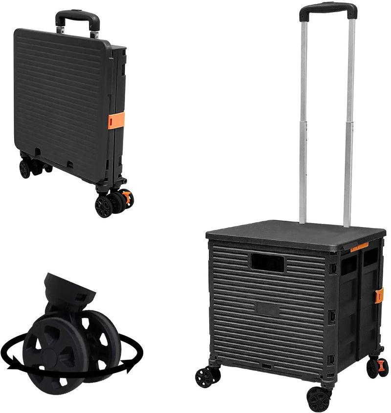 Foldable Utility Cart Portable Rolling Crate Handcart Shopping Trolley Collapsible 4 Rotate Wheels with Durable Heavy Duty Plastic Telescoping Handle for Travel Shopping Moving Storage Office Use