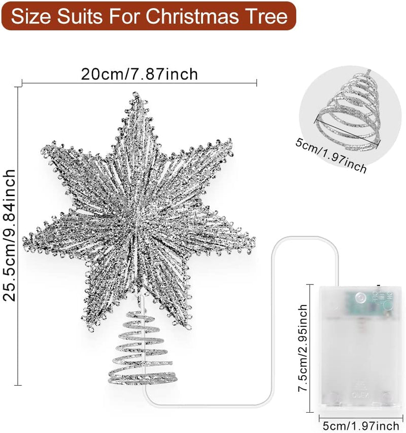 Ywlake Christmas Star Tree Topper Lighted, Metal Glittered Timed Battery Powered 3D