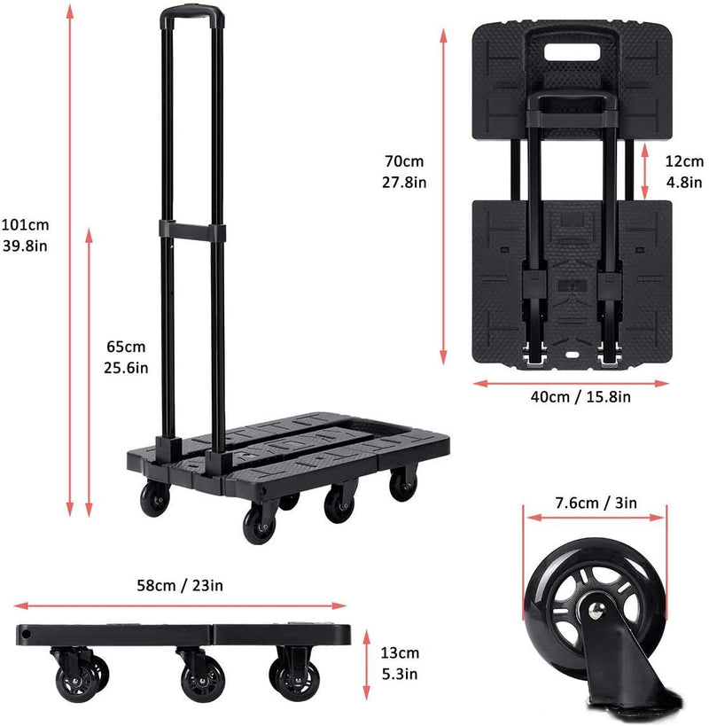 Large Folding Hand Truck 245KG/540LBS Capacity,Noiseless Wear-Resistant 6-360° Rotating Wheel Folding Trolley Luggage Cart Platform Cart for Luggage, Travel, Shopping, Auto, Moving and Office Use