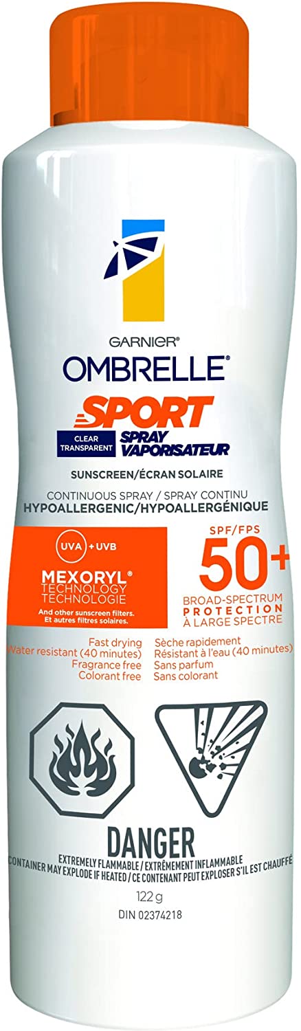 Garnier Ombrelle Sport Spray Sunscreen SPF 50+, Sweat + Water resistant, Ultra-Lightweight texture, Hypoallergenic aerosol, Fragrance Free, 122g