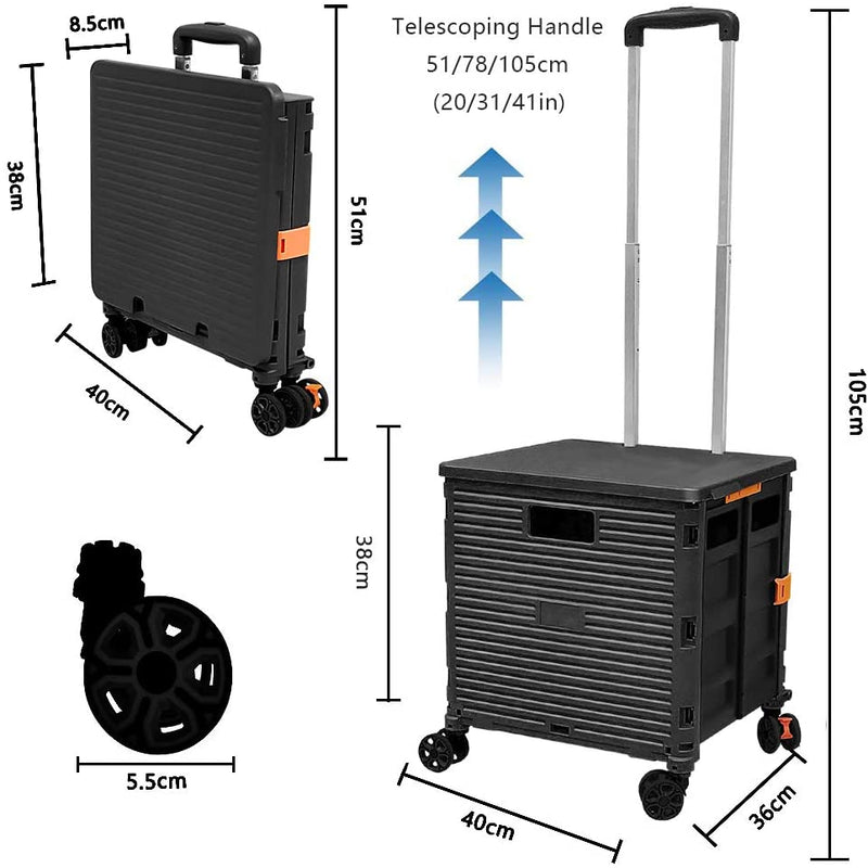 Foldable Utility Cart Portable Rolling Crate Handcart Shopping Trolley Collapsible 4 Rotate Wheels with Durable Heavy Duty Plastic Telescoping Handle for Travel Shopping Moving Storage Office Use