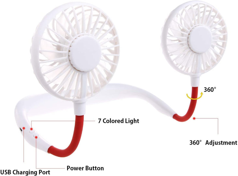 Leipple Neck Fan Portable- Neckband Fan USB Charging Hand Free - Personal Mini Sport Fan - Rechargeable with 3 Speeds Adjustable and LED Light for Sports Travel Outdoor Office Reading