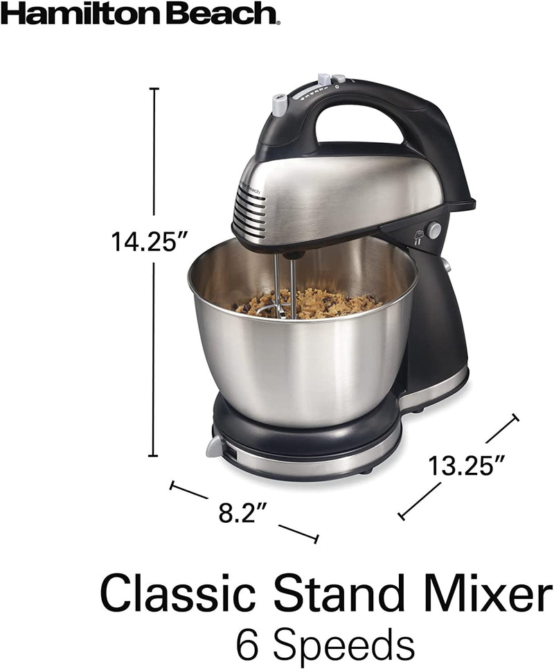 Hamilton Beach Classic Stand and Hand Mixer, 4 Quarts, 6 Speeds with QuickBurst, Bowl Rest, 290 Watts Peak Power, Black and Stainless