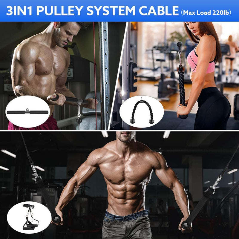 3 in 1 Pulley Cable, 1.8/2M Home Cable Pulley System, Fitness Pulley System,Gym Equipment for Home, with Straight Bar, Band Handles Grips, Nylon Tricep Rope, 3parts Acessories Exchange Use for Home Gym (2.0 Meter)