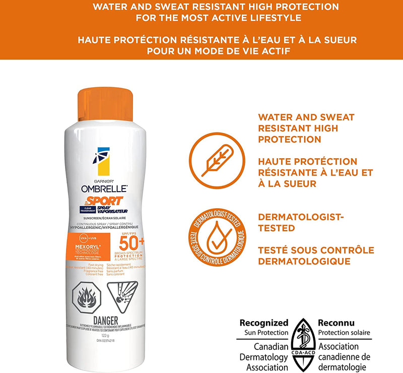 Garnier Ombrelle Sport Spray Sunscreen SPF 50+, Sweat + Water resistant, Ultra-Lightweight texture, Hypoallergenic aerosol, Fragrance Free, 122g