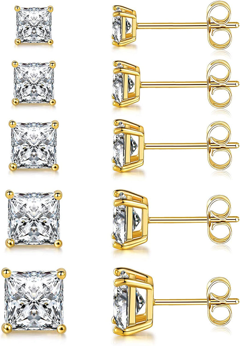 18K Yellow Gold Plated Princess Cut Clear Cubic Zirconia Stud Earring Pack of 5 Pairs