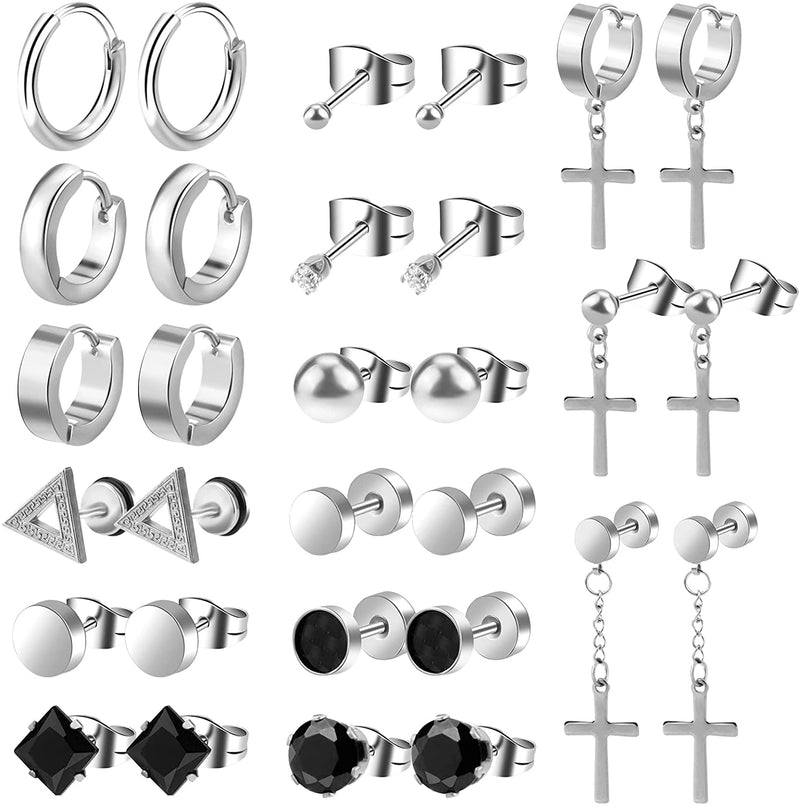 15 Pairs Black Earrings for Men Mens Earrings Stainless Steel Black Stud Earrings for Men Women Jewelry Piercing Hoop Men Earrings Set