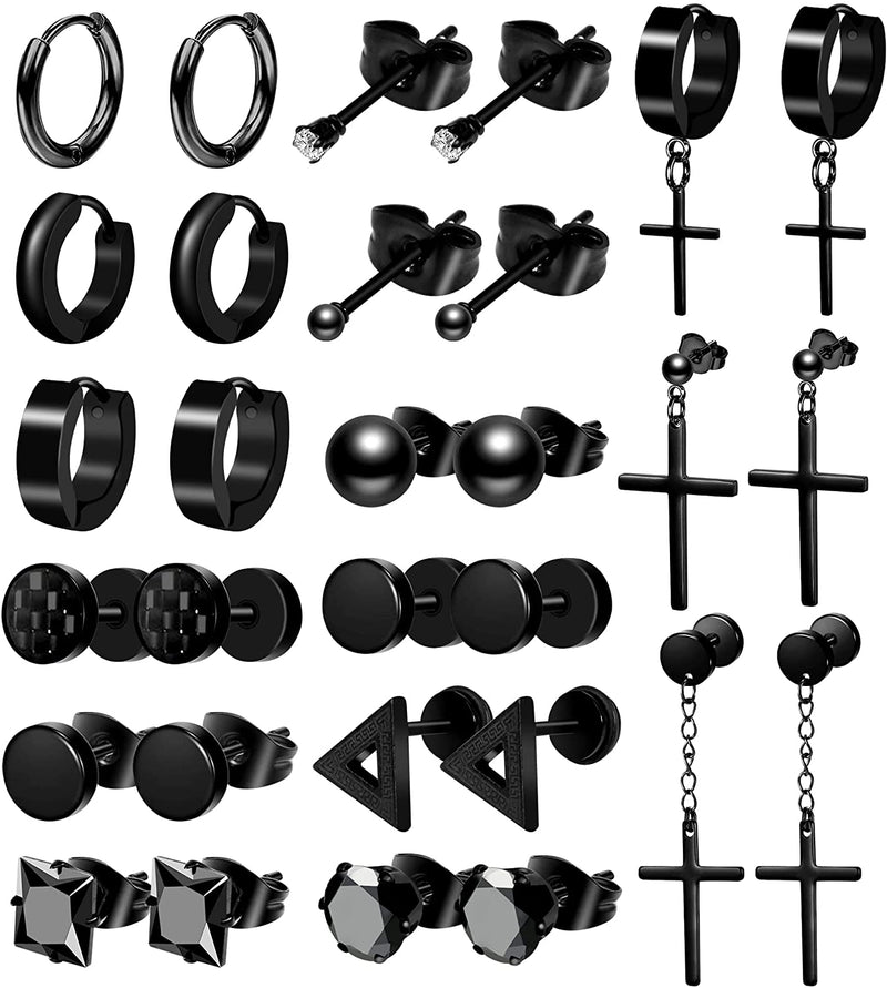 15 Pairs Black Earrings for Men Mens Earrings Stainless Steel Black Stud Earrings for Men Women Jewelry Piercing Hoop Men Earrings Set