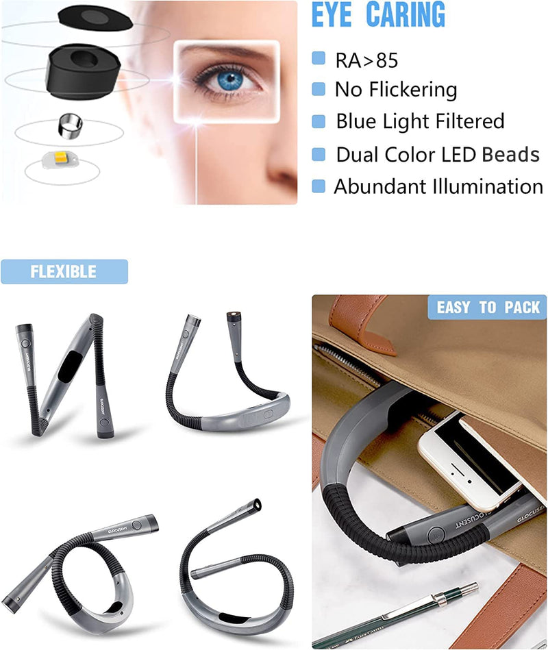 Glocusent LED Neck Reading Light, Book Light for Reading in Bed, 3 Colors, 6 Brightness Levels, Bendable Arms, Rechargeable