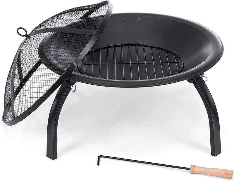 Cuisiland Wood Burning Dia 22" Folding Fire Pit with Spark Screen, Poker, Cooking Grid for Patio, Backyard, Camping