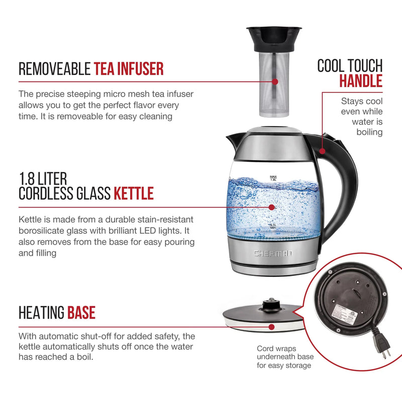 Chefman Glass Kettle with Infuser (Brush Stainless Steel)