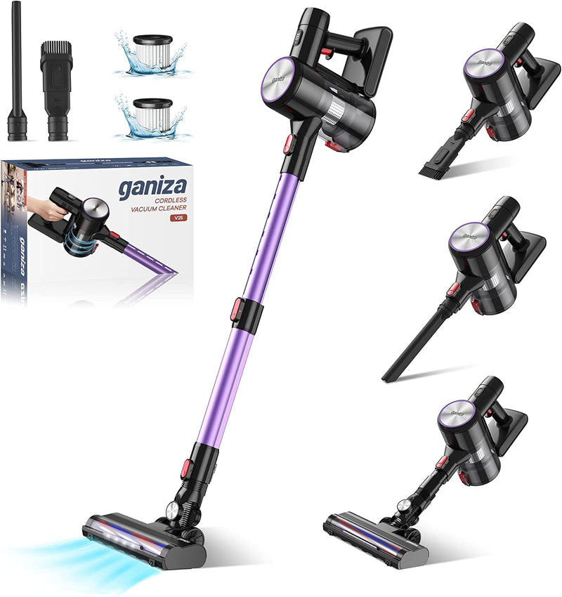 Ganiza V25 Stick Vacuum Hi-Speed Brushless Motor with 28Kpa Powerful Suction Up to 45 Minutes Runtime, 6-in-1 Lightweight Vacuum LED Headlight for Floor Carpet Pet Hair