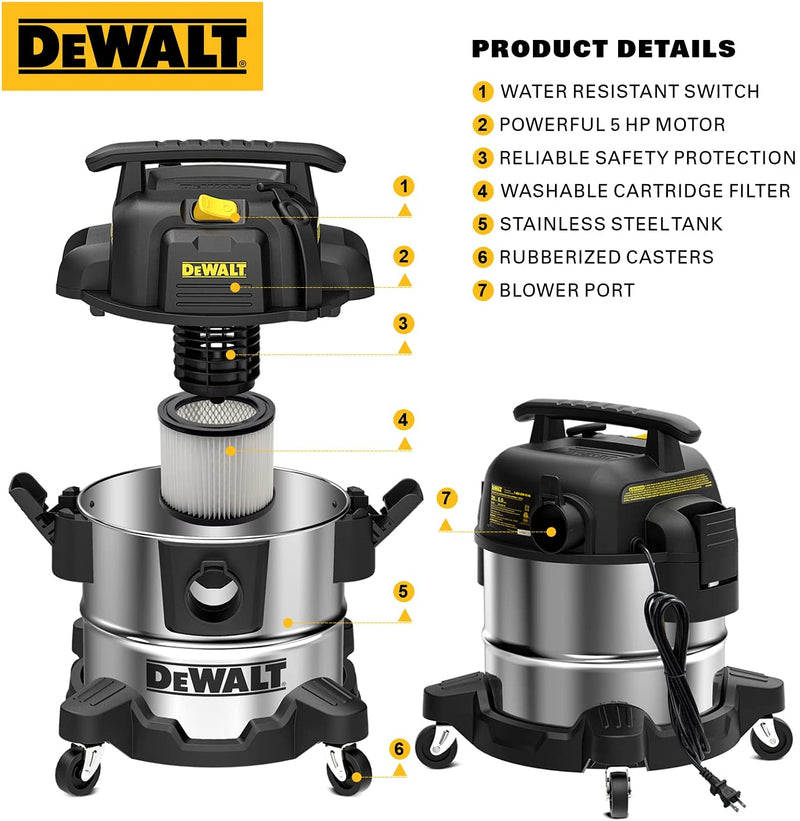 DEWALT 5 Gallon Stainless Steel Wet/Dry Vac, 4 Peak HP Horsepower Shop Vacuum Cleaner