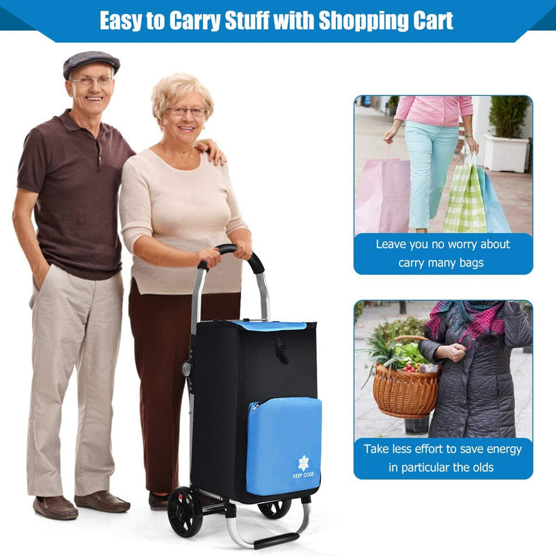 Goplus Folding Shopping Cart with Wheels, Hanging Hooks, Insulated Bag and Removable Oxford Shopping Bag, Waterproof Trolley Cart for Grocery Condo Apartment, Blue