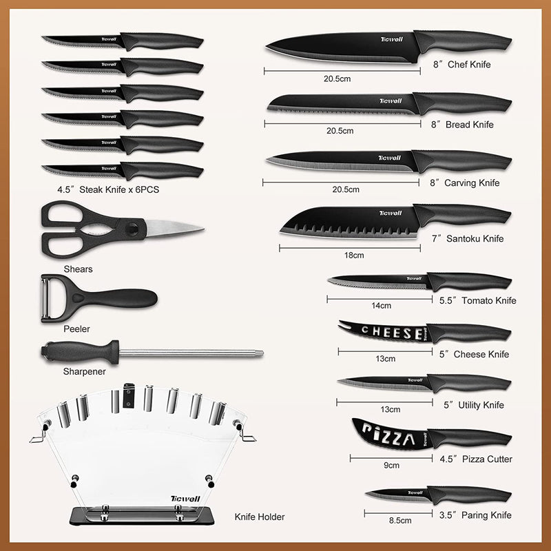 TICWELL 19 Pieces Kitchen Knives Set High Carbon Stainless Steel Knife Block Set with Acrylic Stand