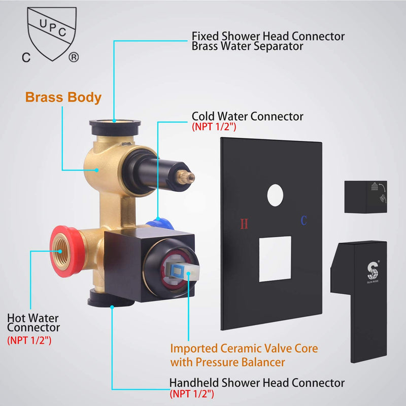 SR SUN RISE 12 Inch Dual-Function Shower Trim Kit with Adjustable Angle Slide bar, Brass Pressure Balancing Shower Faucet Valve,12 Inch Rain Shower Head,Brass Handheld Shower System