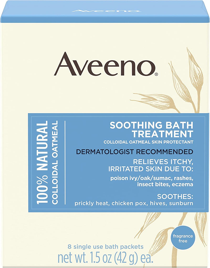 Aveeno Soothing Bath Treatment with 100% Natural Colloidal Oatmeal for Treatment & Relief of Dry, Itchy, Irritated Skin Due to Poison Ivy, Eczema, Sunburn, Rash, Insect Bites & Hives, 8 ct.