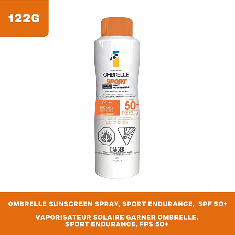 Garnier Ombrelle Sport Spray Sunscreen SPF 50+, Sweat + Water resistant, Ultra-Lightweight texture, Hypoallergenic aerosol, Fragrance Free, 122g