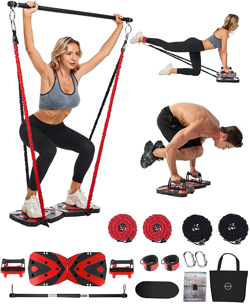 Portable Home Gym Workout Equipment with 12 Exercise Accessories Including Heavy Resistance Bands,Abs Workout,,Push-up Stand, Tricep Bar,Pilates Bar and More for Full Body Workouts System Men Women