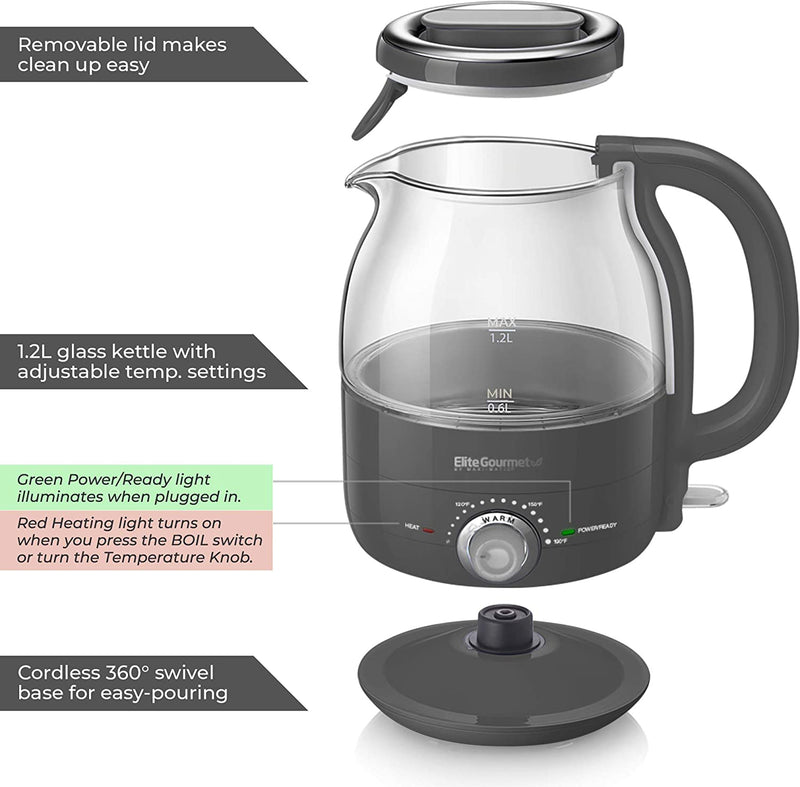 Elite Gourmet EKT1220GR Electric BPA-Free Glass Kettle, Temperature Dial Keep Warm, Cordless 360°