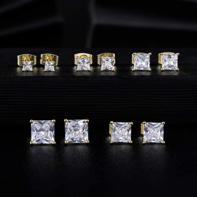 18K Yellow Gold Plated Princess Cut Clear Cubic Zirconia Stud Earring Pack of 5 Pairs