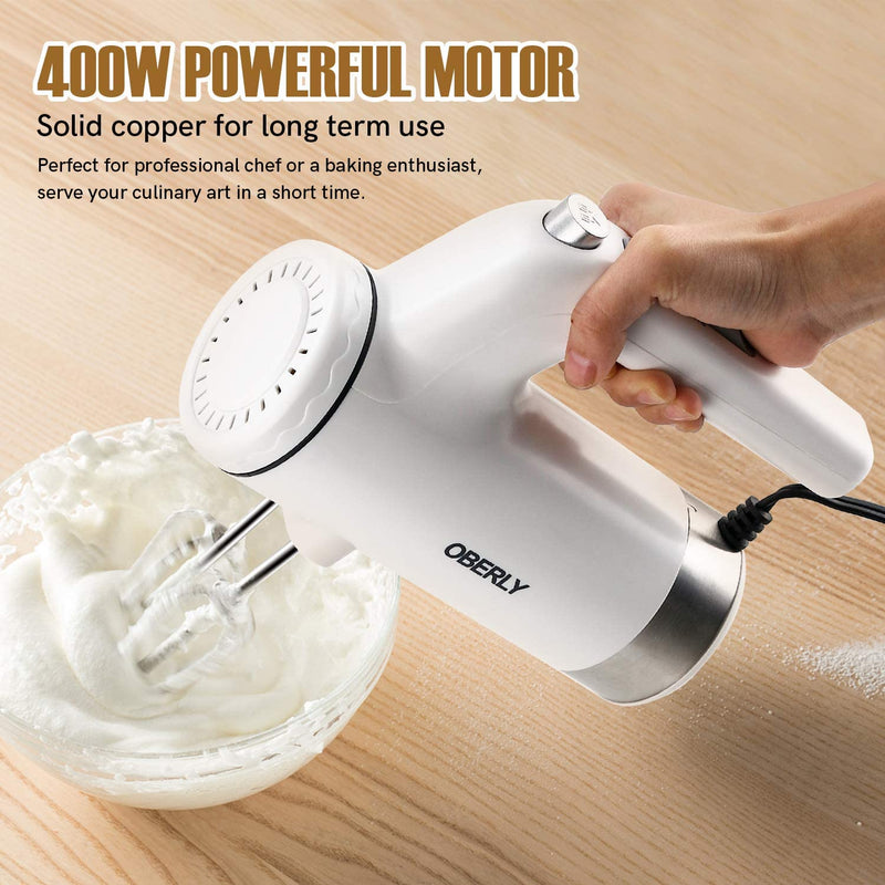 Kitchen n Aid Hand Mixer Electric, OBERLY 400W Power 5-Speed Electric Handheld Mixer with Turbo Boost, Eject Button, Storage Base with 6 Stainless Steel Attachments