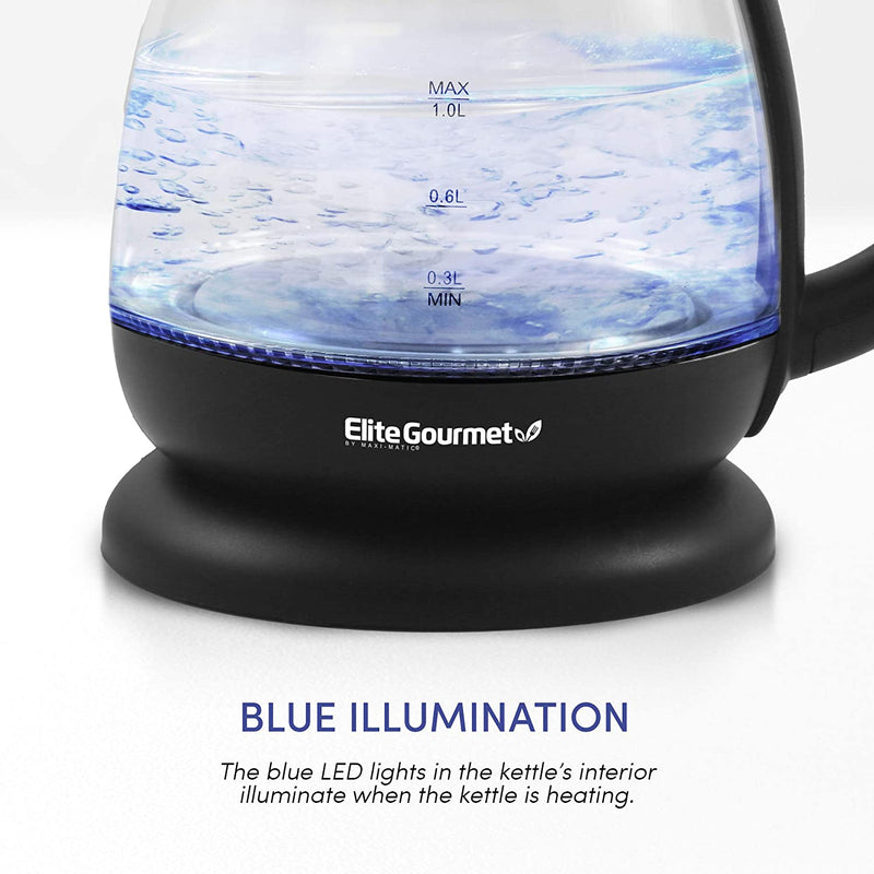 Elite Gourmet EKT1001 Electric BPA-Free Glass Kettle, Cordless 360° Base, Stylish Blue