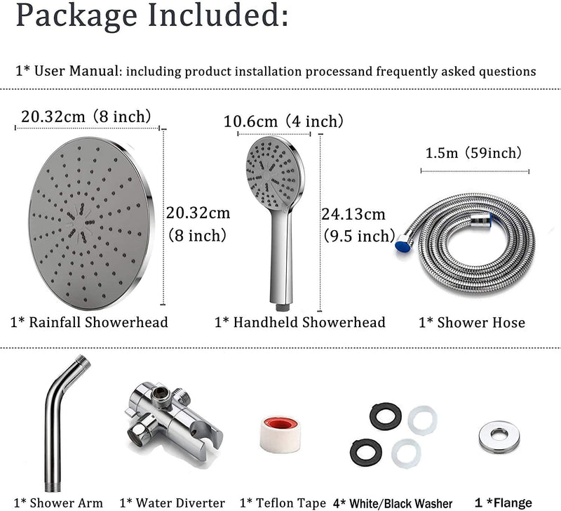 High Pressure Shower Head, Chrome Finished Handheld 5 Settings Showerhead with Hose, Hand Held and Rainfall Shower Set- Including Bracket Teflon Washer