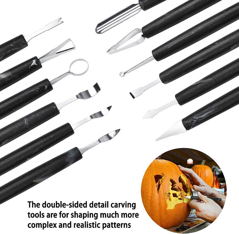 OWUDE Professional Pumpkin Carving Kit, 11 Pieces Heavy Duty Stainless Steel Carving Tools for Halloween with Carrying Case and 10 Pcs Carving Templates-Black Black