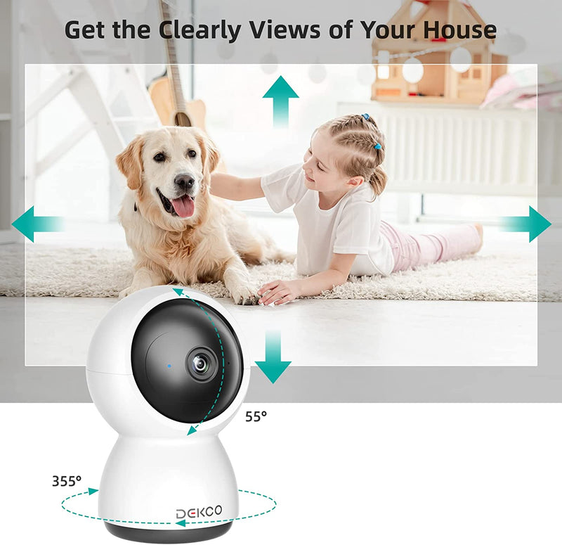 DEKCO Baby Monitor with Night Vision, Phone Notification and 2-Way Audio, 360° PTZ Camera Surveillance Interieur Work with Alexa