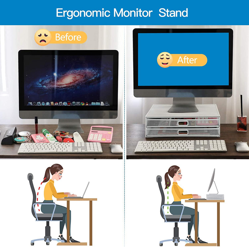 Monitor Stand Riser with Drawer - Mesh Metal Desk Organizer PC, Laptop,Notebook, Printer Holder with Dual Pull Out Storage Drawer