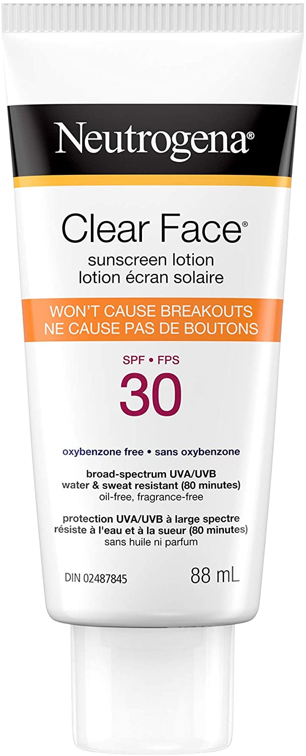 Neutrogena Sunscreen Lotion Clear Face for Acne Prone Skin, SPF 30, Water Resistant, Non Comedogenic & won't cause breakouts, 88 mL