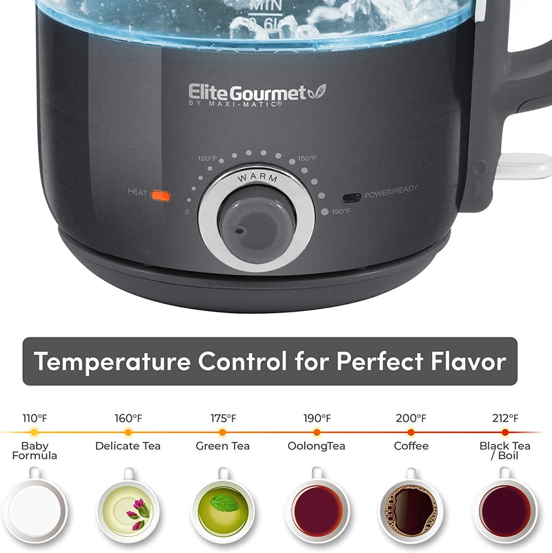 Elite Gourmet EKT1220GR Electric BPA-Free Glass Kettle, Temperature Dial Keep Warm, Cordless 360°