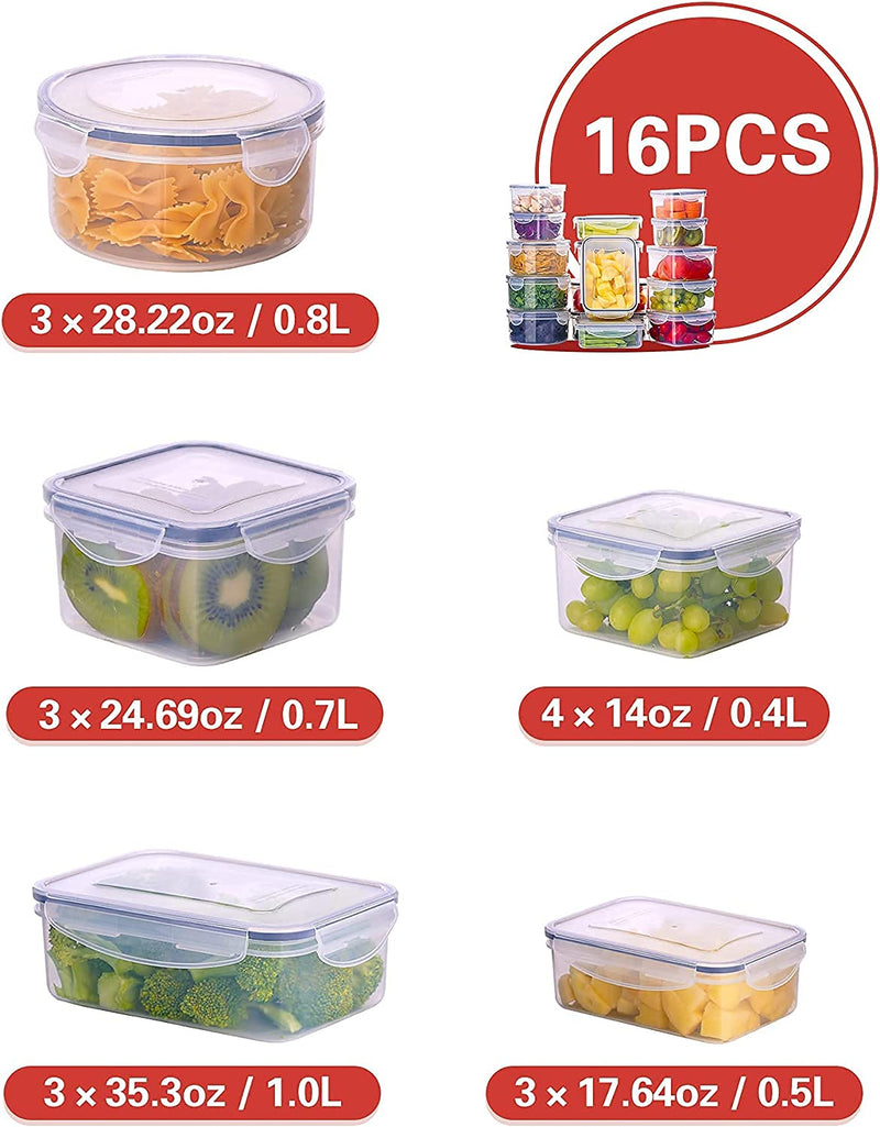 CASA LINGO Large Plastic Food Storage Container with lid  Set of 16 Pieces Plastic Food Containers (Clear)