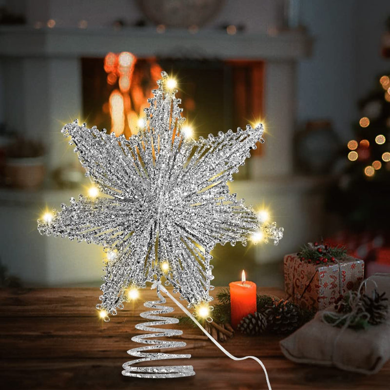 Ywlake Christmas Star Tree Topper Lighted, Metal Glittered Timed Battery Powered 3D