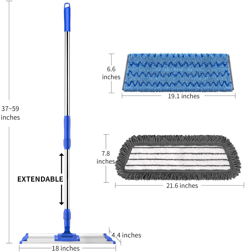 MR.SIGA 18" Professional Microfiber Mop for Floor Cleaning, Stainless Steel Telescopic Handle, Includes 2 Washable Premium Microfiber Mop Pads, 1 Scrub Cloth and 1 Dust Cloth