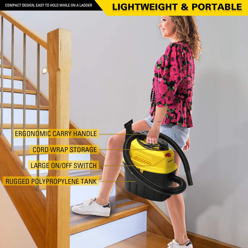 Stanley SL18910P-3 Wet/Dry, 3 Gallon, 3 Horsepower, Portable Car Vacuum, 3.0 HP AC, Black+Yellow