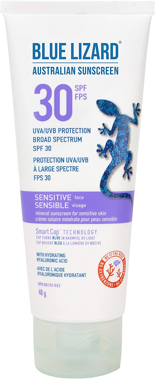 BLUE LIZARD Sensitive Face Mineral Sunscreen Lotion with Hydrating Hyaluronic Acid, SPF 30+, - 89 ml Tube