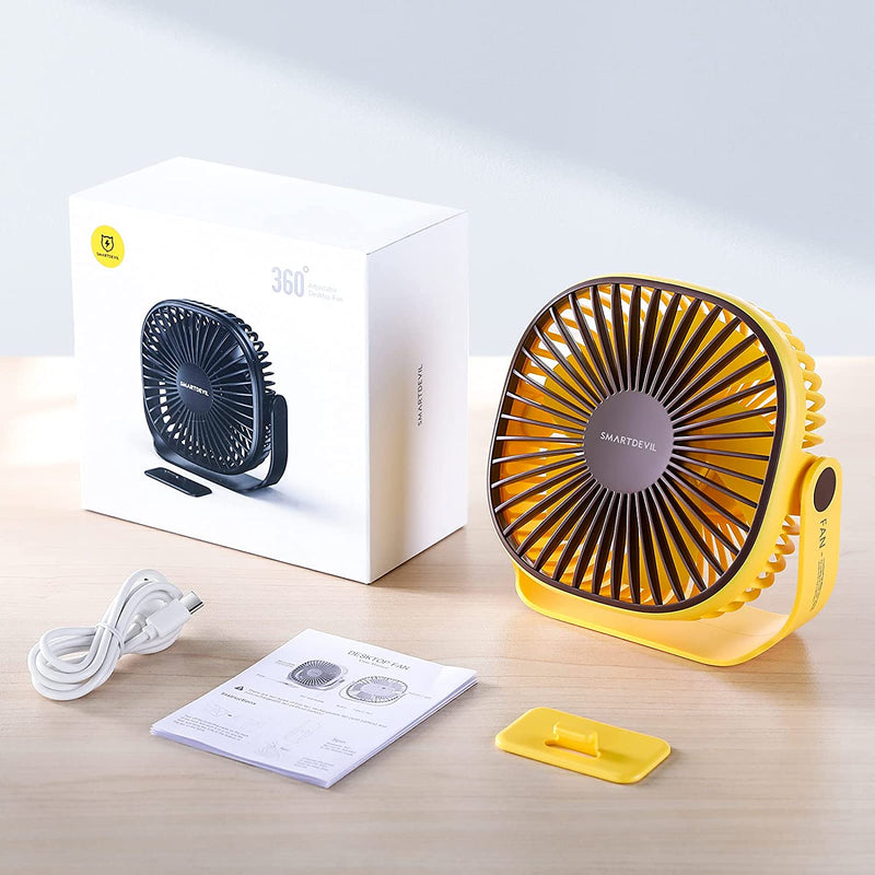 SmartDevil Mini Desk Fan Rechargeable, Battery Operated Portable Personal Desktop Fan, USB Fan with 3 Speeds & Pasteable Hook, Dual 360° Adjustment Quiet Table Fan, for Home Office Outdoor