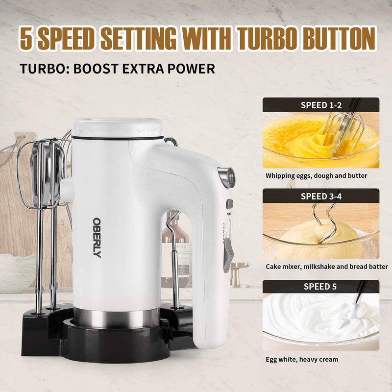 Kitchen n Aid Hand Mixer Electric, OBERLY 400W Power 5-Speed Electric Handheld Mixer with Turbo Boost, Eject Button, Storage Base with 6 Stainless Steel Attachments